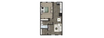 A floor plan of a small apartment with a laundry area.