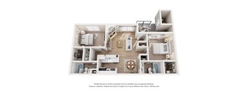 A 3D floor plan of a house with a kitchen, living room, and bedrooms.