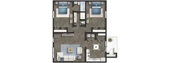 3D floor plan of a 2 bedroom 2 bathroom at Park Towne Apartments in Decatur, AL
