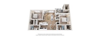 A 3D floor plan of a house with a kitchen, living room, and bathrooms.