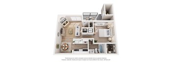 A floor plan of a two-bedroom apartment with a living room, kitchen, and bathroom.