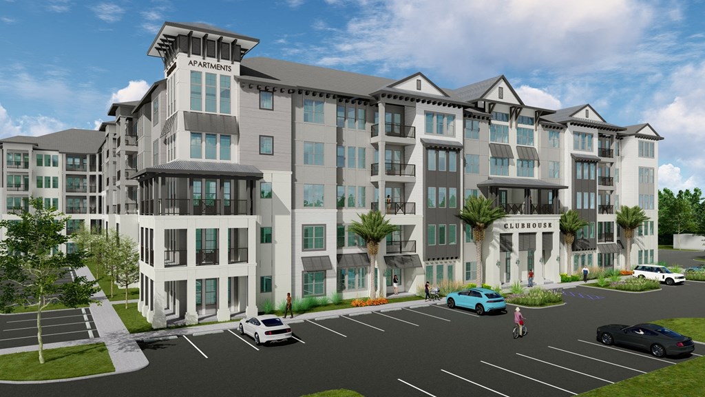 a rendering of a large apartment building with cars in a parking lot