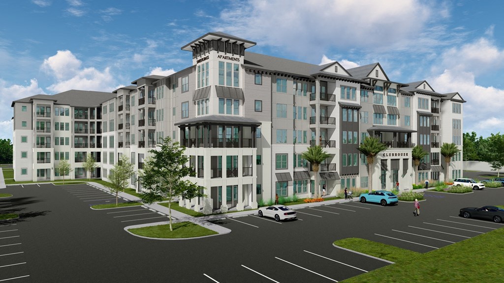 a rendering of a large apartment building on a city street