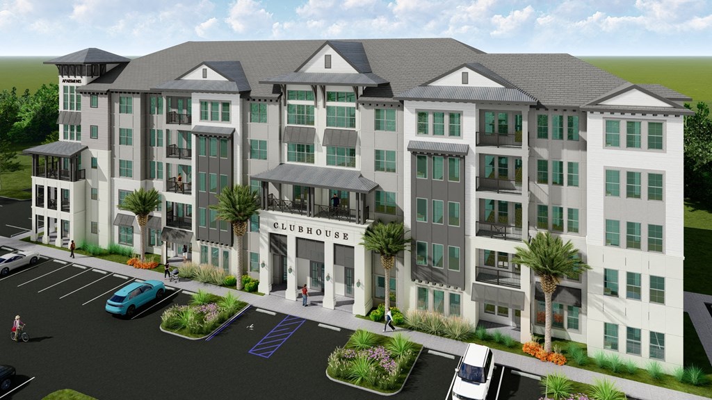 a rendering of an apartment building with cars parked in front of it