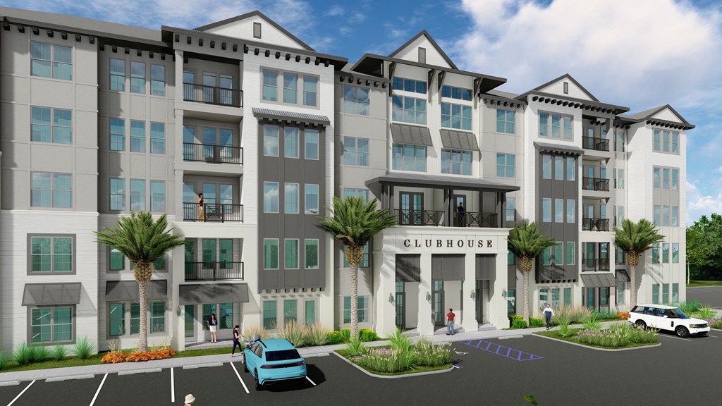 a rendering of a large apartment building with cars in front of it