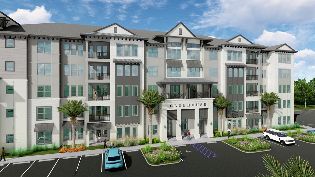 a rendering of a large apartment building with cars parked in front of it