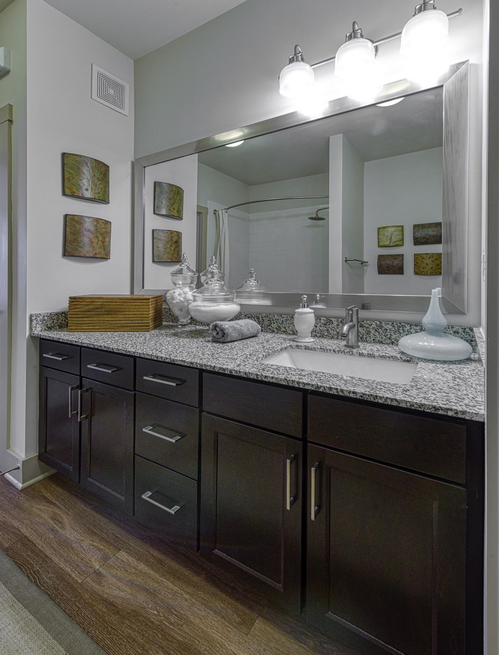 Modern Bathrooms with Wood-Style Flooring at 4700 Colonnade Apartments in Birmingham, AL