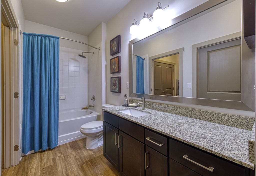 En-suite Bathrooms with Granite Countertops at 4700 Colonnade Apartments in Birmingham, AL