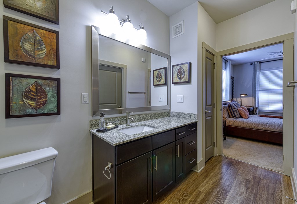 Modern Bathroom with Wood Style Floors at 4700 Colonnade Apartments in Birmingham, AL