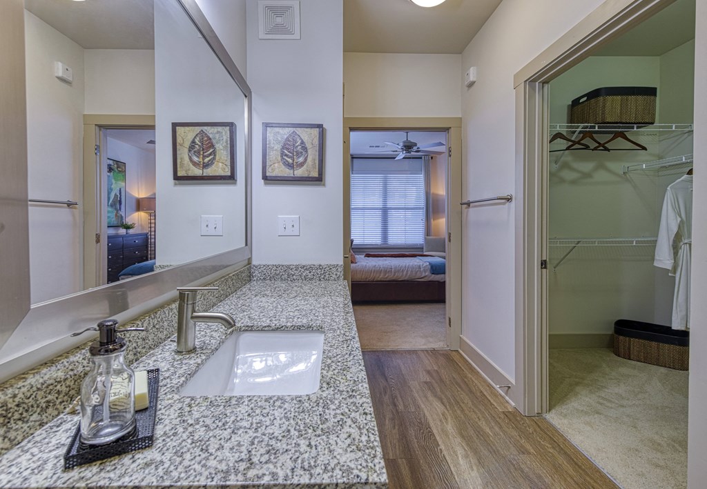 Modern Bathroom with Wood look floors and walk in closets