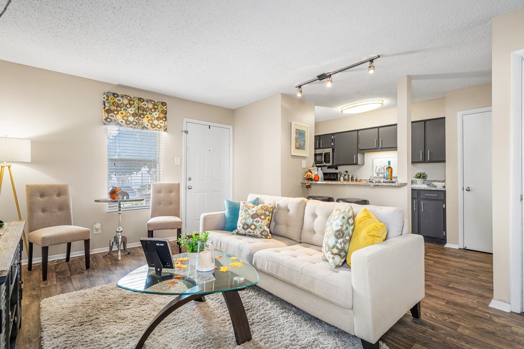 open-concept kitchen and living room at 701 South Apartments in Mobile, AL