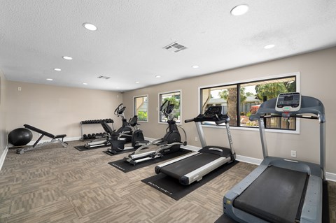 A spacious home gym with treadmills, exercise bikes, and other equipment.