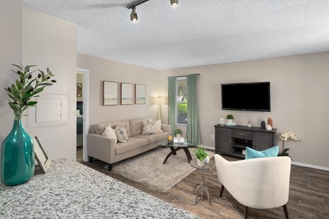 A living room with a grey sofa, a white armchair, a green vase, and a TV on the wall.