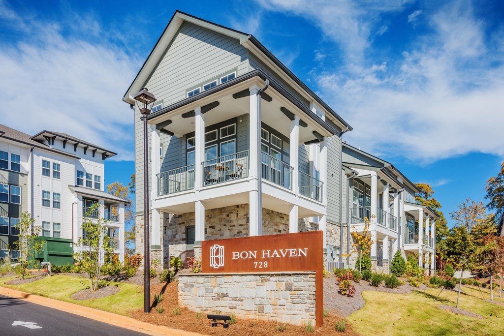 Main entrance sign to Bon Haven Apartments in Spartanburg, SC surrounded by beautiful landscaping
