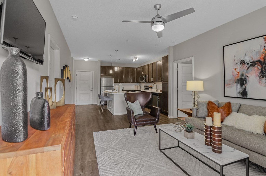 view of kitchen and dining area from the living room