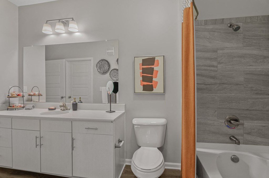 a bathroom with vanity, toilet and tub