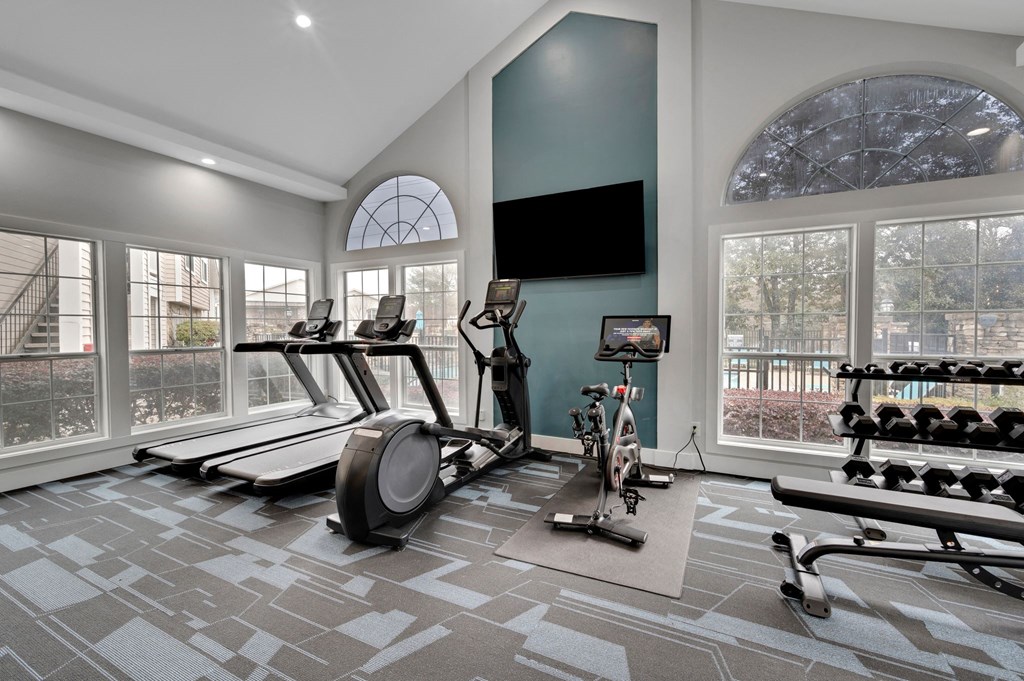 the residence has a gym with plenty of exercise equipment and windows