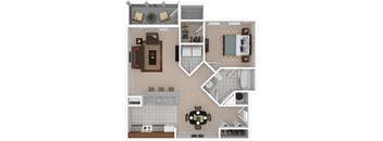 A floor plan of a house with a kitchen, living room, and bathroom.