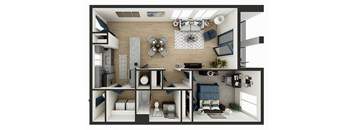 an aerial view of the living room of a 1 bedroom apartment