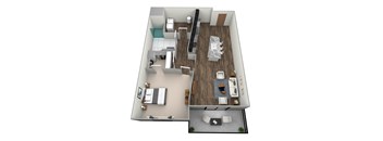 A 3D floor plan of a house with a living room, kitchen, and two bedrooms.