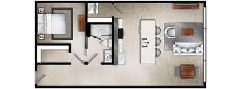 a floor plan of a studio apartment with a bedroom and a living room