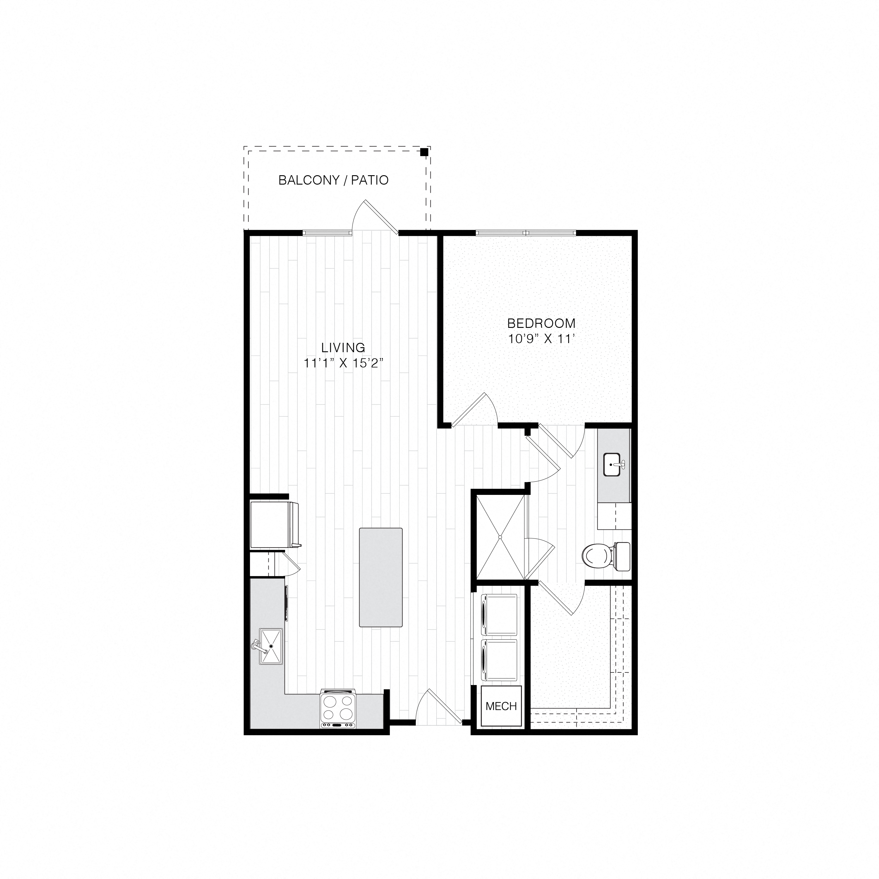 yz floor plan of a 1bh floor plan with bedroom and bathroom