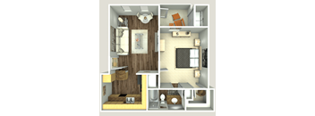 A series of images showing different views of a small, modern apartment.