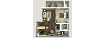 A 3D floor plan of a small apartment with a kitchen, living room, and bathroom.