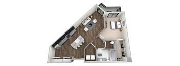 A 3D floor plan of a house showing a kitchen, living room, and bathroom.
