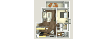 A 3D floor plan of a small apartment with a kitchen, living room, and bedroom.