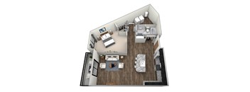 A 3D rendered image of a modern apartment layout.