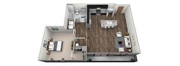 A top down view of a small apartment with a kitchen, living room and bedroom.