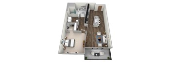 A 3D floor plan of a small apartment with a kitchen, living room, and bedroom.
