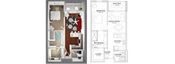 One bedroom one bathroom floorplan with walk-in closet at Reserve on 3rd Apartments, Alabama, 35233