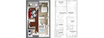1 bed 1 bath floorplan with balcony and walk-in closet at Reserve on 3rd Apartments, Birmingham, AL 35233