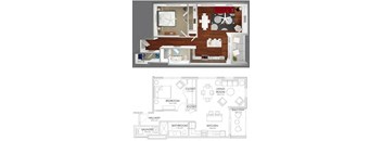 1 bedroom 1 bathroom floor plan D at 20 Midtown, Birmingham, 35233