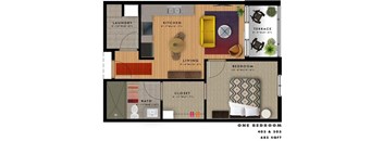 1 bedroom one bathroom floorplan with balcony at Reserve on 3rd Apartments, Birmingham, Alabama