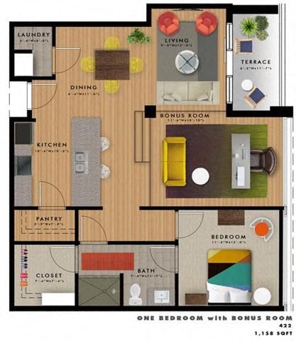 1 bedroom 1 bathroom floor plan R at 20 Midtown, Birmingham, AL