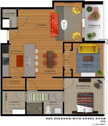 1 bedroom 1 bathroom floor plan S at 20 Midtown, Alabama, 35233