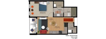 1 bedroom 1 bathroom floor plan O at 20 Midtown, Birmingham, Alabama