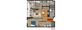 Two bed two bathroom floorplan with terrace at Reserve on 3rd Apartments, Birmingham