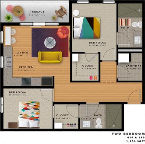 2 bedroom 2 bathroom Floor plan D at 20 Midtown, Alabama, 35233