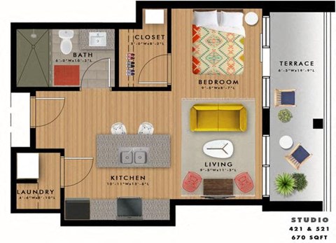 1 bedroom 1 bathroom floor plan at 20 Midtown, Alabama