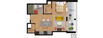 Studio floorplan with terrace and walk-in closet at Reserve on 3rd Apartments, Alabama