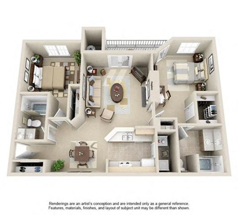 3d floor plan rendering of a 1 bedroom apartment