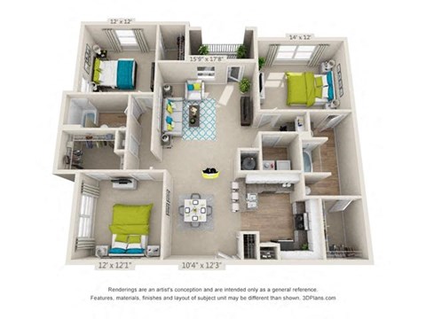 The Cahaba Three-Bedroom Apartment Floorplan Rendering The Oxmoor Apartments Homes in Birmingham Alabama