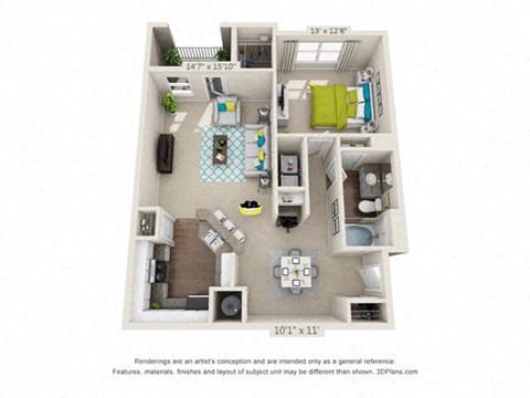 The Desoto One-Bedroom Apartment Floorplan Rendering The Oxmoor Apartments Homes in Birmingham Alabama