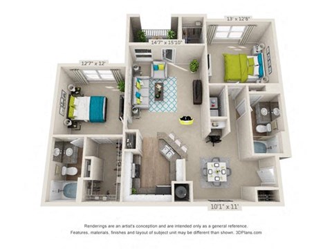 The Homewood Two-Bedroom Apartment Floorplan Rendering The Oxmoor Apartments Homes in Birmingham Alabama
