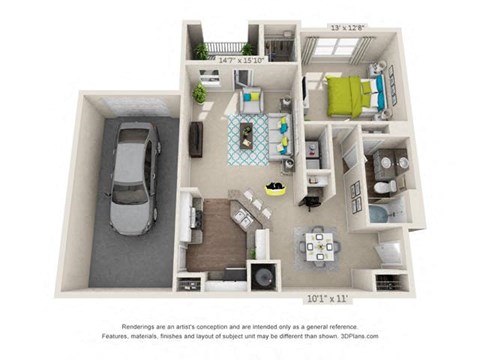 The Tannehill One-Bedroom Apartment Floorplan Rendering The Oxmoor Apartments Homes in Birmingham Alabama