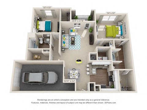 The Vestavia Two-Bedroom Apartment Floorplan Rendering The Oxmoor Apartments Homes in Birmingham Alabama